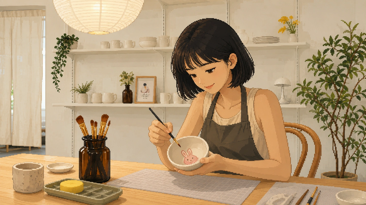 Pixel-art illustration of a woman in an apron painting a small rabbit onto a ceramic bowl at a wooden table, brushes in a jar beside her and shelves of plain white pottery behind.