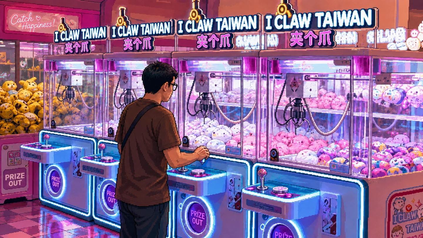 Pixel-art illustration of a man in glasses at the joystick of one of four lit iClaw Taiwan cabinets, pink and white plush banked up behind the glass and a Catch Happiness sign on the wall at the end of the row.