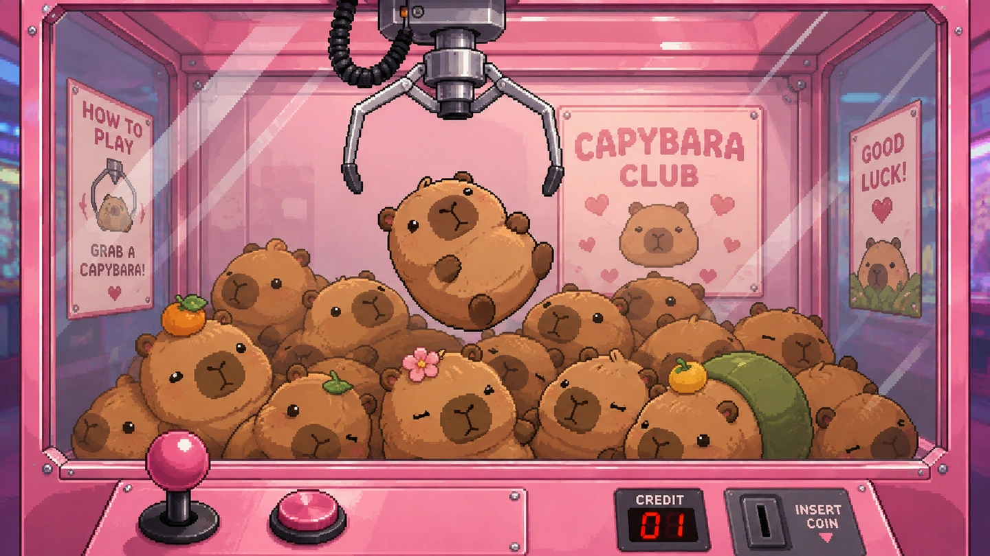 Pixel-art illustration seen through the glass of a claw machine packed with capybara plush toys, the claw lowering towards one held above the pile and a Capybara Club poster on the back wall of the cabinet.