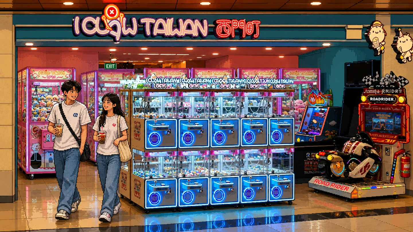 Pixel-art illustration of a couple with bubble tea walking past an iClaw Taiwan shopfront, a double-decker island of lit claw cabinets between them and a motorbike racing machine at the far end.