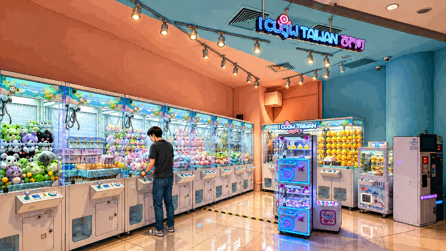 Pixel-art illustration of a man alone at a long row of claw machines in a bright iClaw Taiwan shop, pastel plush stacked behind the glass, track lighting overhead and the neon chain sign on the far wall.