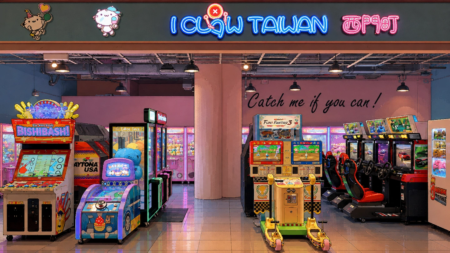 Pixel-art illustration of the arcade floor at iClaw Taiwan, racing cabinets with red seats along one wall and a Bishi Bashi machine at the other end, Catch me if you can painted on the wall and rows of claw machines behind.