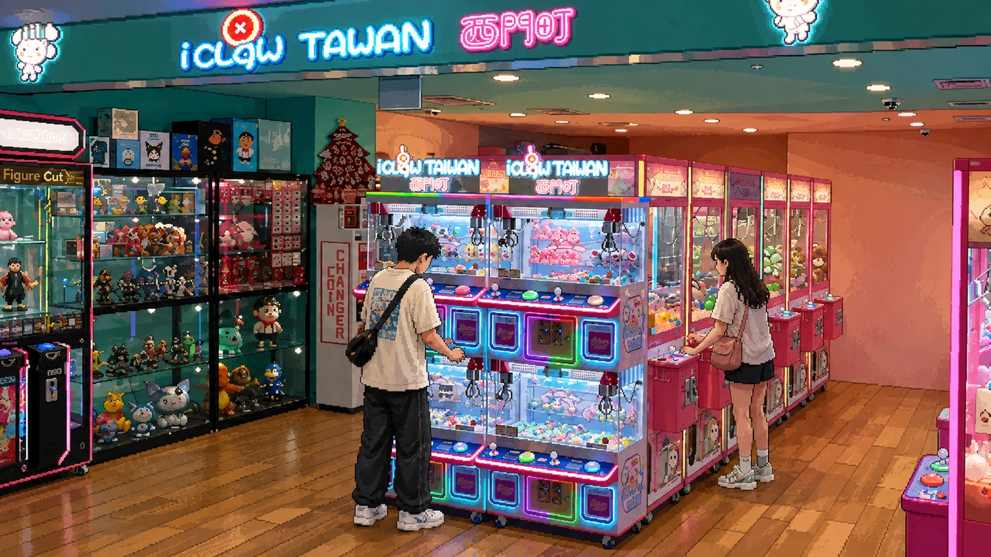 Pixel-art illustration of the iClaw Taiwan shopfront, two people playing pink claw machines on a wooden floor beside cabinets of collectible figures and a coin changer.