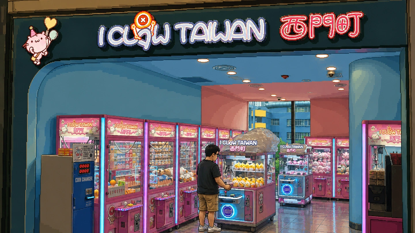 Pixel-art illustration of a man working a claw machine at an open iClaw Taiwan shopfront, a blue coin changer beside the row of pink cabinets and the lit chain sign above the entrance.