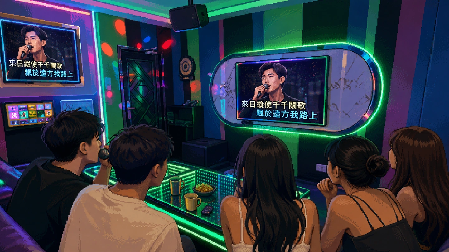 Pixel-art illustration of five friends on a sofa in a striped neon karaoke room, watching a music video with Chinese lyrics on the wall screen, drinks and snacks on the lit table.
