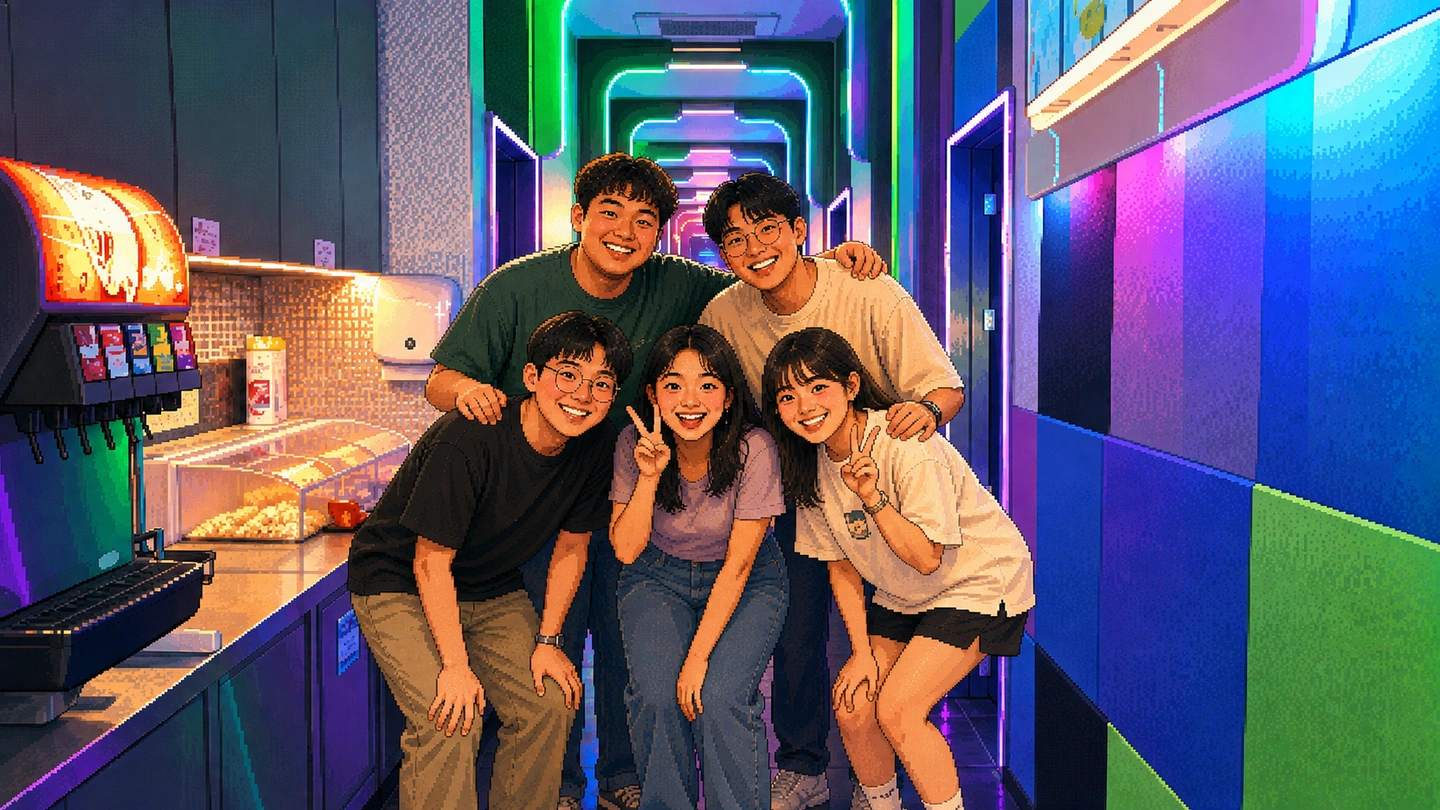 Pixel-art illustration of five friends posing together in a neon-lit karaoke corridor, the self-serve drinks fountain and snack counter beside them.
