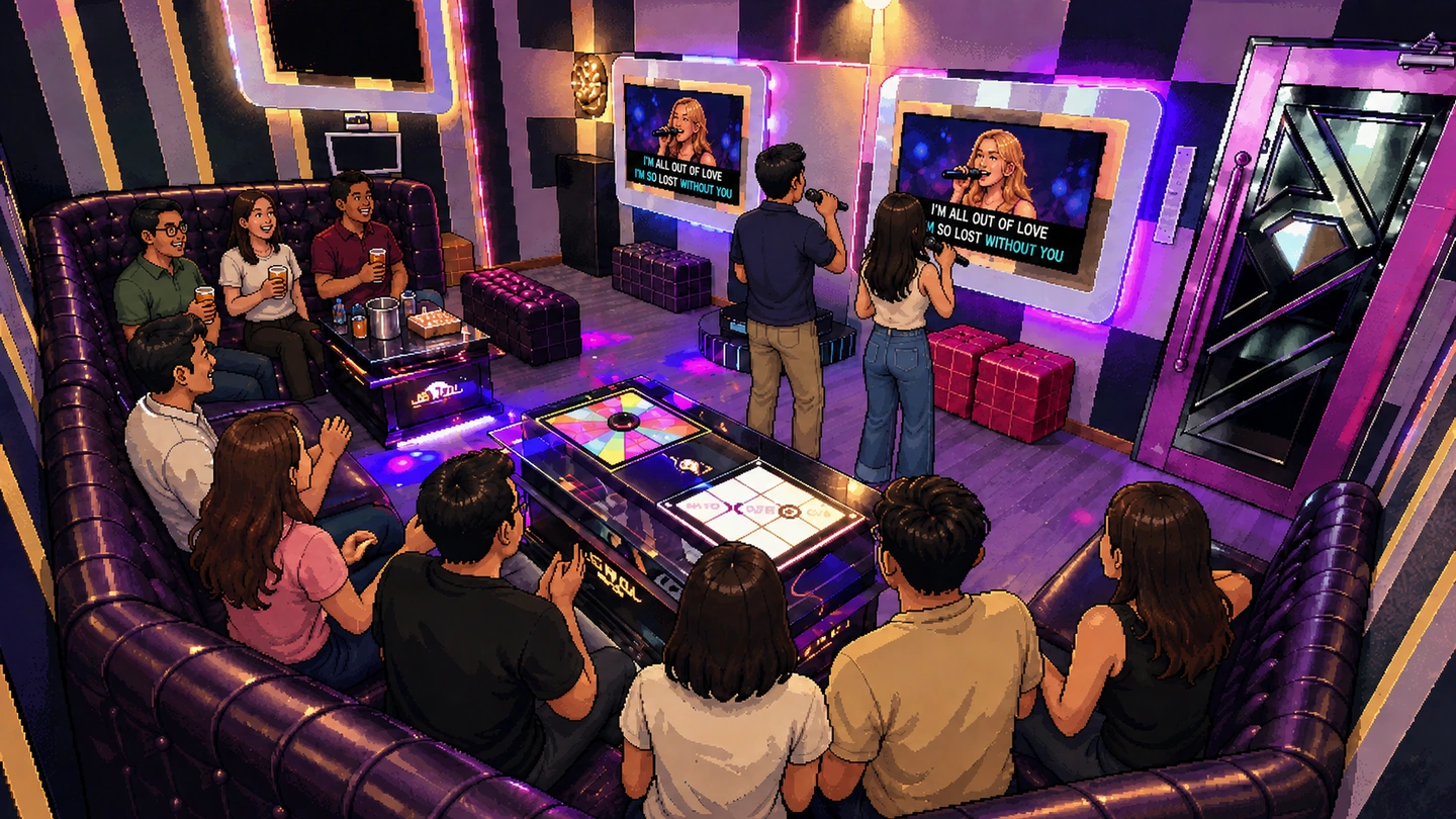 Pixel-art illustration of a large karaoke room with purple booth seating on three sides, a couple singing to twin wall screens, and games set into the tables among drinks.