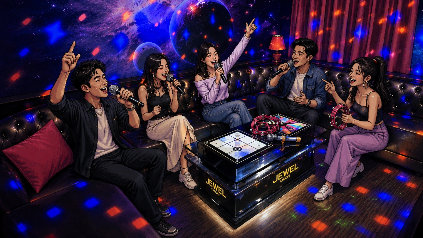 Pixel-art illustration of five friends singing together on the curved sofa of a karaoke room at Jewel Music Box, tambourines and microphones on the table under a starry projection.