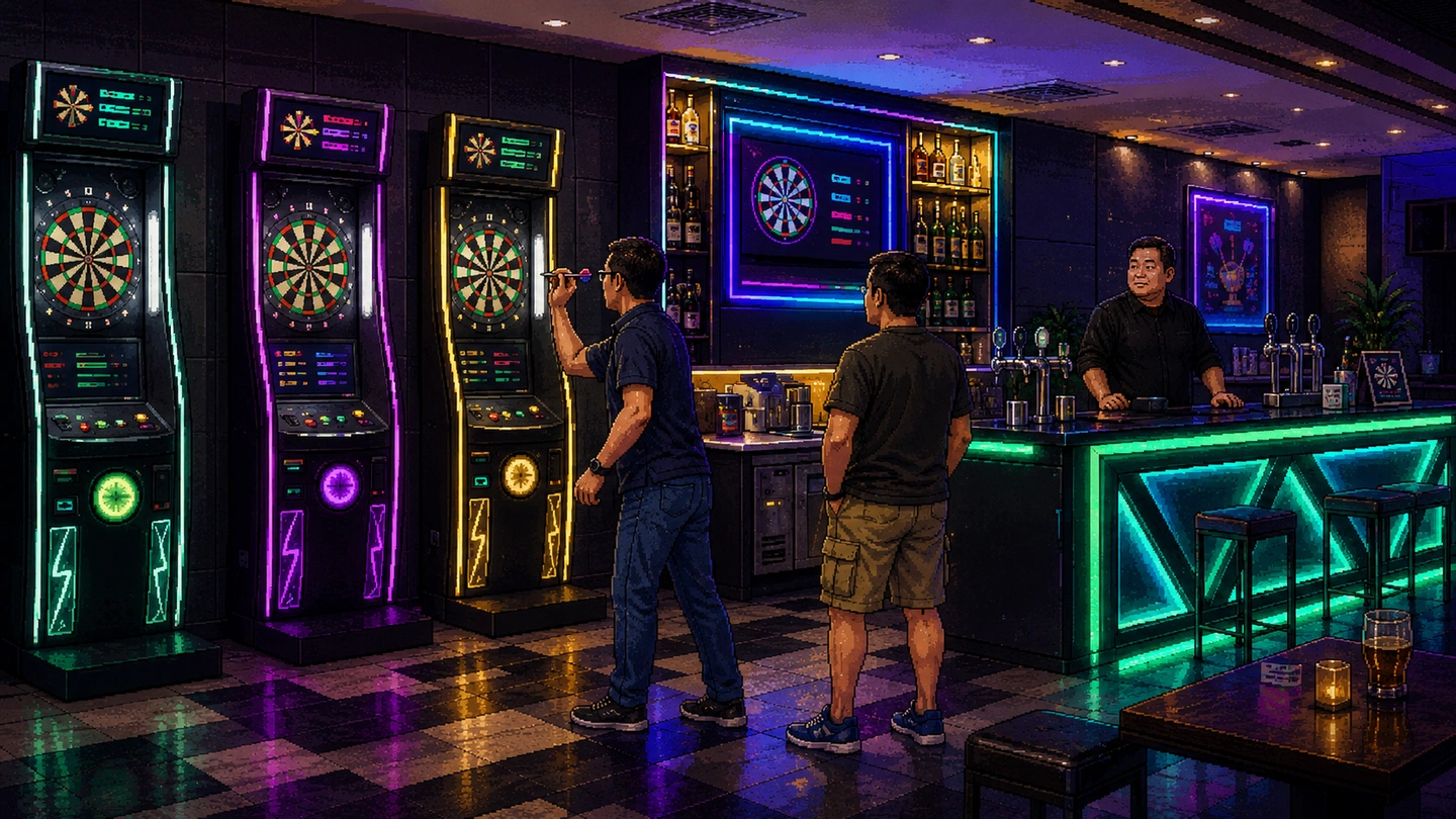 Pixel-art illustration of three lit electronic dartboard machines along a dark wall, a man mid-throw watched by a friend, with a green-lit bar and bartender behind them.