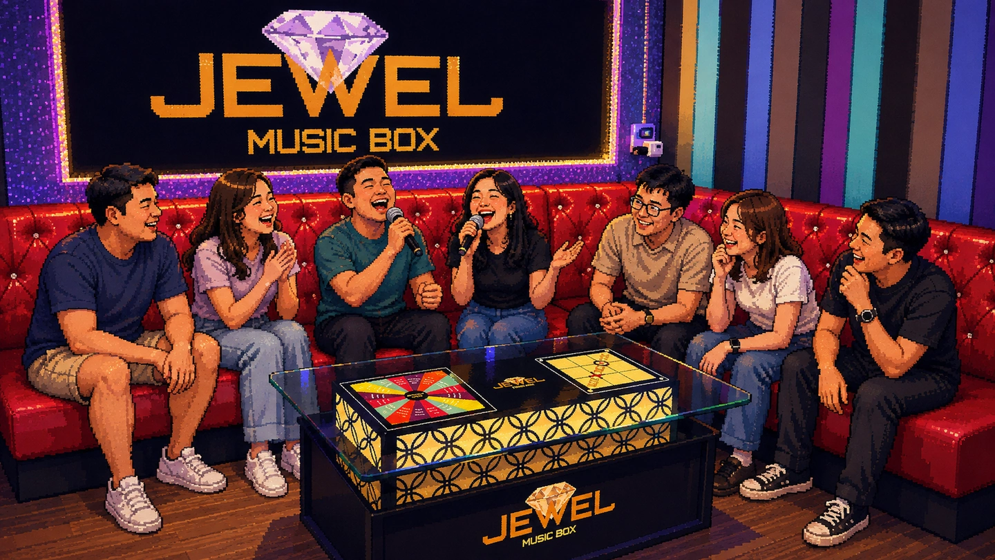 Pixel-art illustration of eight friends packed onto a red booth sofa in a karaoke room, two sharing microphones mid-song, board games built into the lit table in front of them.