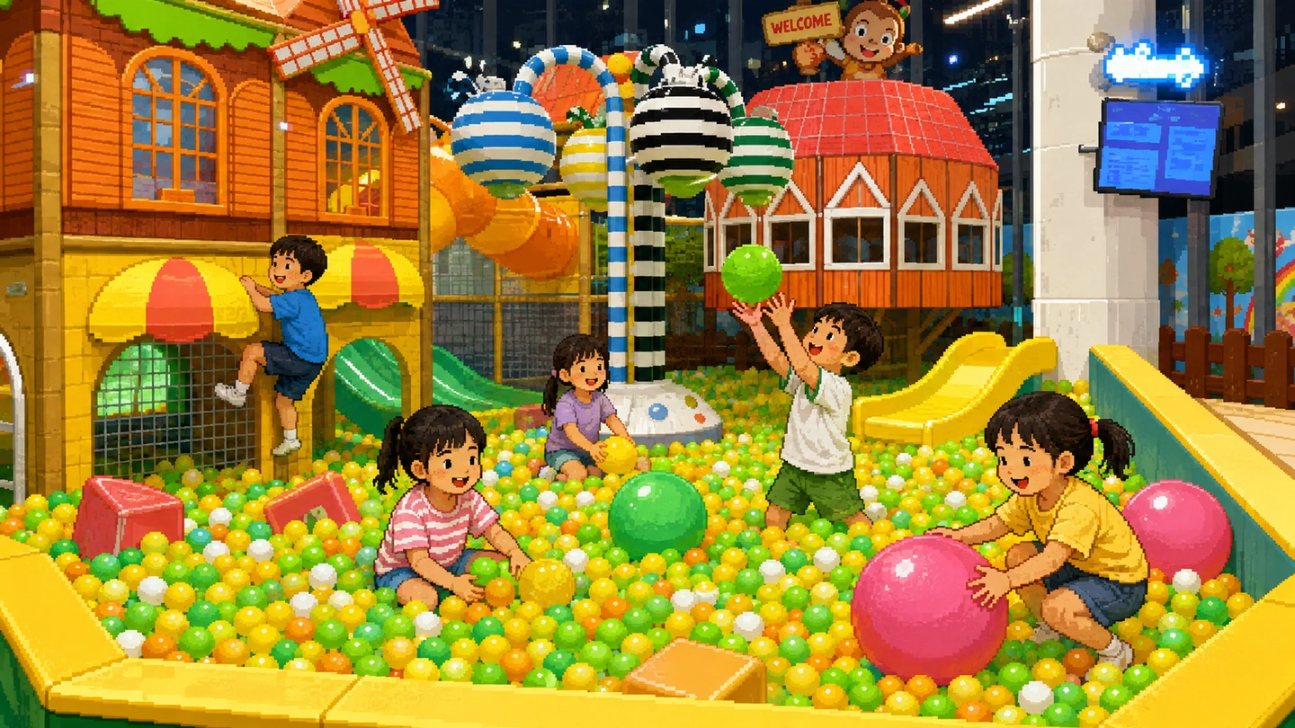 Pixel-art illustration of five children playing in the yellow and green ball pit at Jolly Jungle, wooden playhouses and slides behind them.