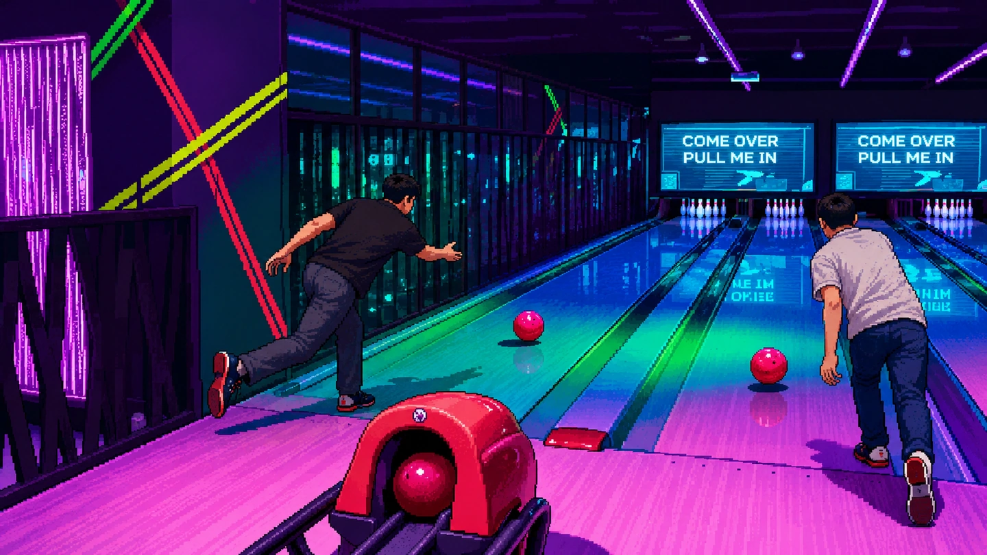 Pixel-art illustration of two bowlers releasing their balls down neon-lit lanes at K Bowling Club, screens above the pins and purple light along the walls.