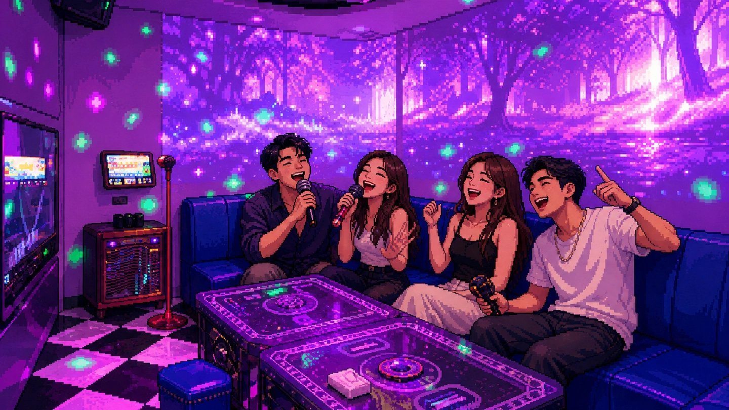 Pixel-art illustration of four friends singing together on the sofa of a K.STAR karaoke room at Orchard Central, microphones up and the walls lit purple.