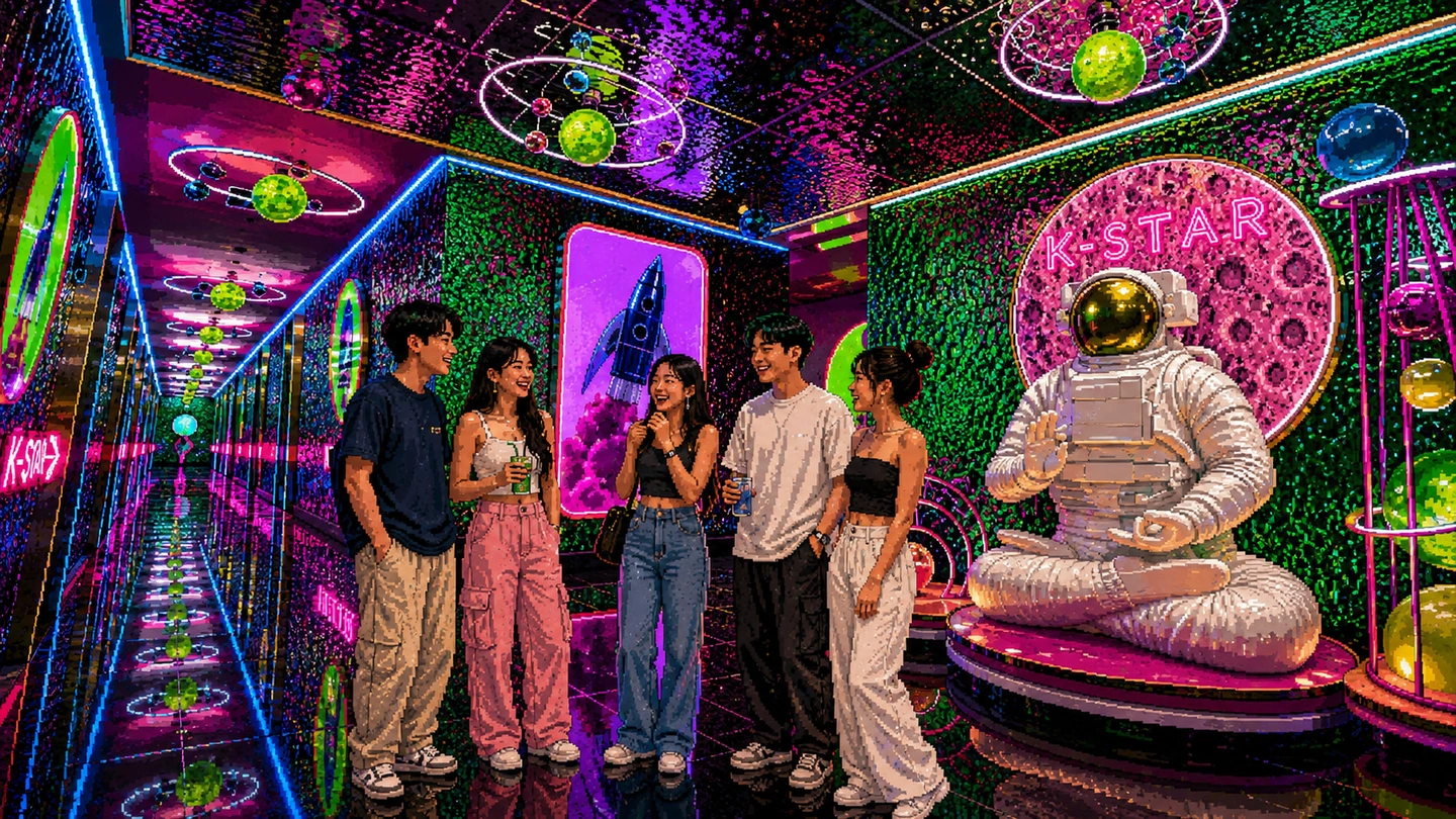 Pixel-art illustration of five friends talking in the space-themed corridor at K.STAR, neon planet rings overhead, a mirrored walkway beside them and a seated astronaut sculpture under the lit K-STAR sign.