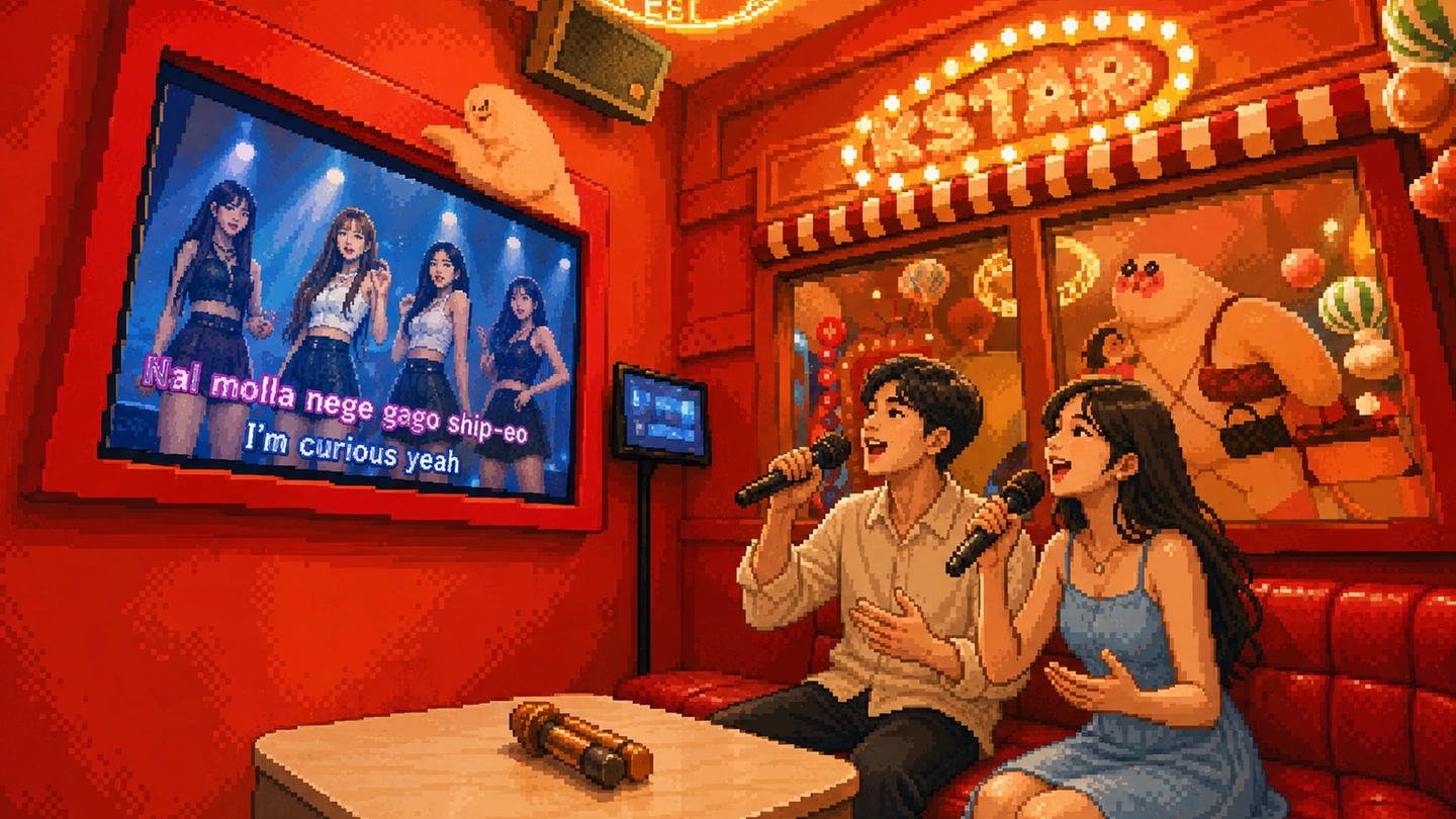 Pixel-art illustration of a couple singing a K-pop duet in a red-walled karaoke room, a lit K.STAR marquee sign and a window of soft toys behind them.