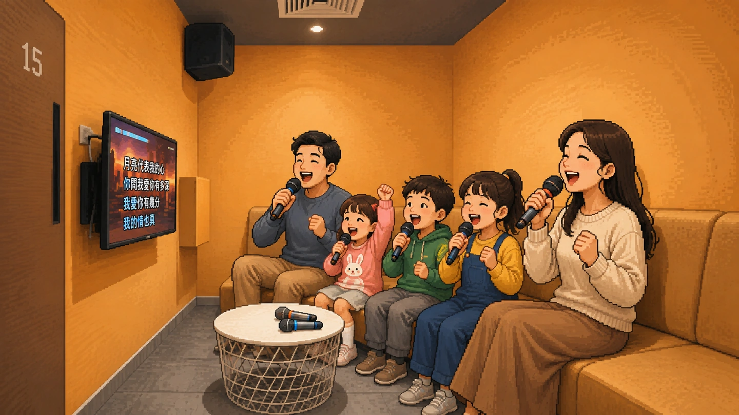 Pixel-art illustration of two parents and three children singing along together in a small K VOICE karaoke room, Chinese lyrics on the screen and spare microphones on the table.