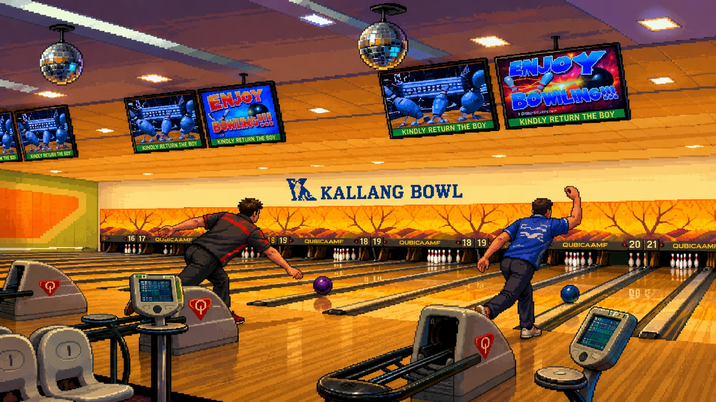 Pixel-art illustration of two bowlers releasing their balls down neighbouring lanes at Kallang Bowl, scoring screens and mirrorballs overhead.