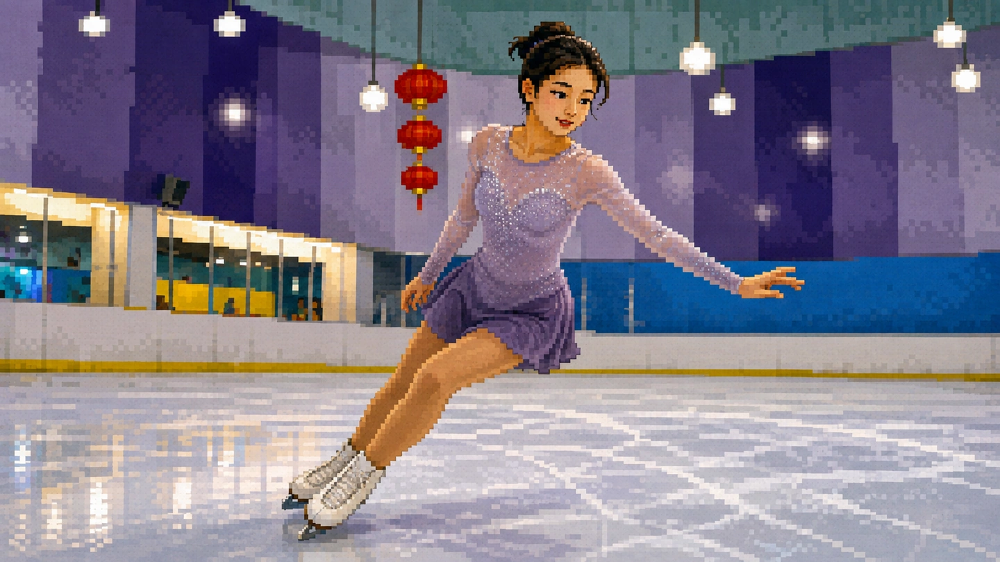 Pixel-art illustration of a figure skater mid-glide across the rink at Kallang Ice World, red lanterns strung above the ice behind her.