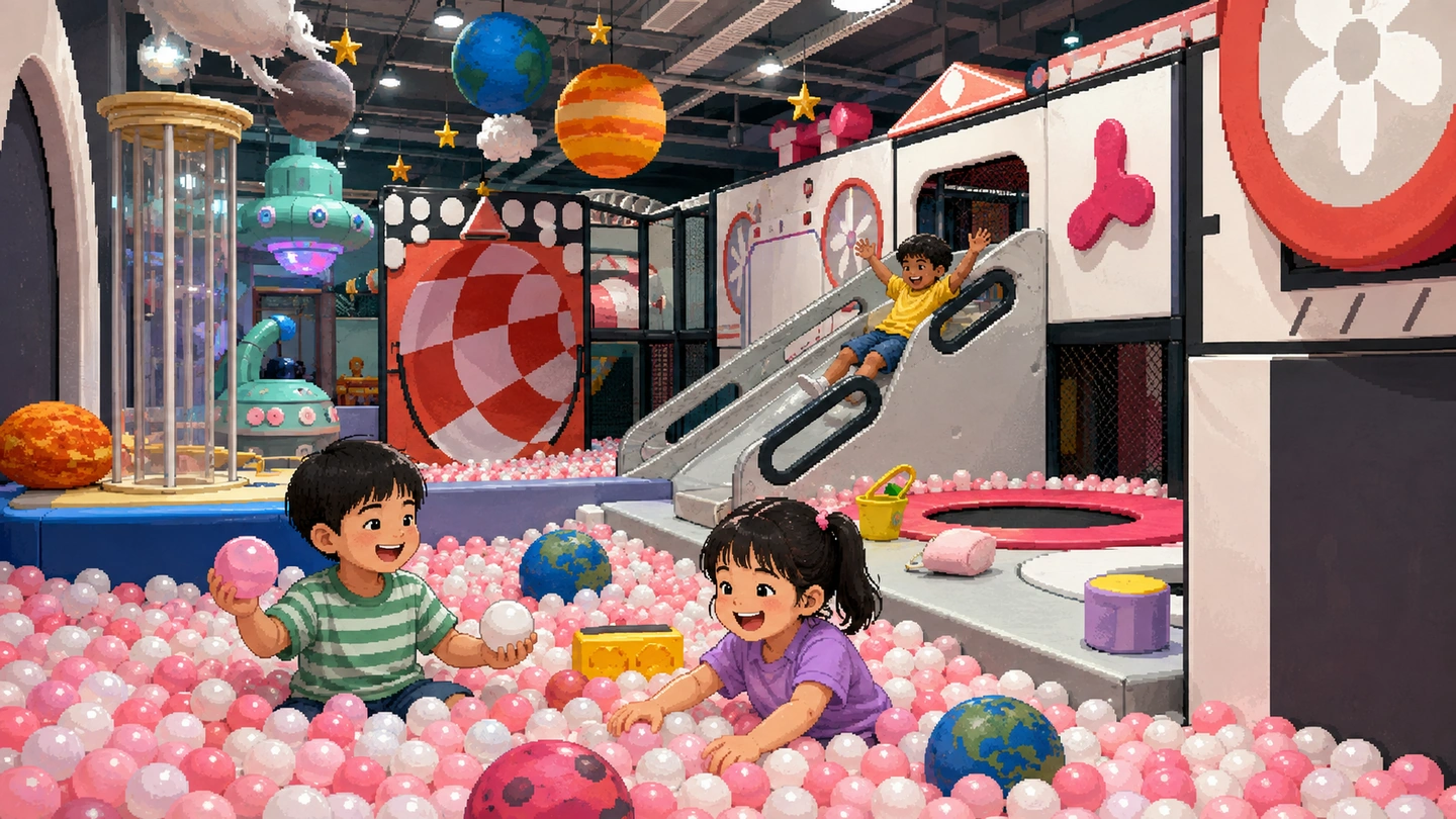 Pixel-art illustration of two children playing in the pink and white ball pit at Kidodo Space, a third coming down the slide behind them under hanging planets.