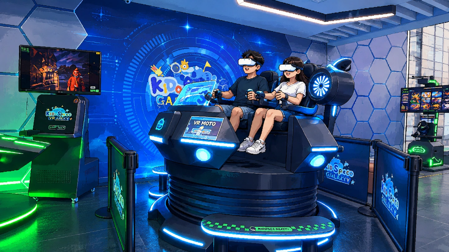 Pixel-art illustration of two players in VR headsets strapped into a motion ride at Kidodo Space VR Galaxy, blue neon around them and their game on a wall screen.