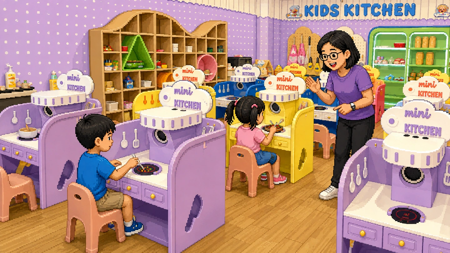 Pixel-art illustration of two children cooking at toy stoves in a play kitchen while a staff member in purple talks them through it, shelves of plastic groceries along the walls under a Kids Kitchen sign.