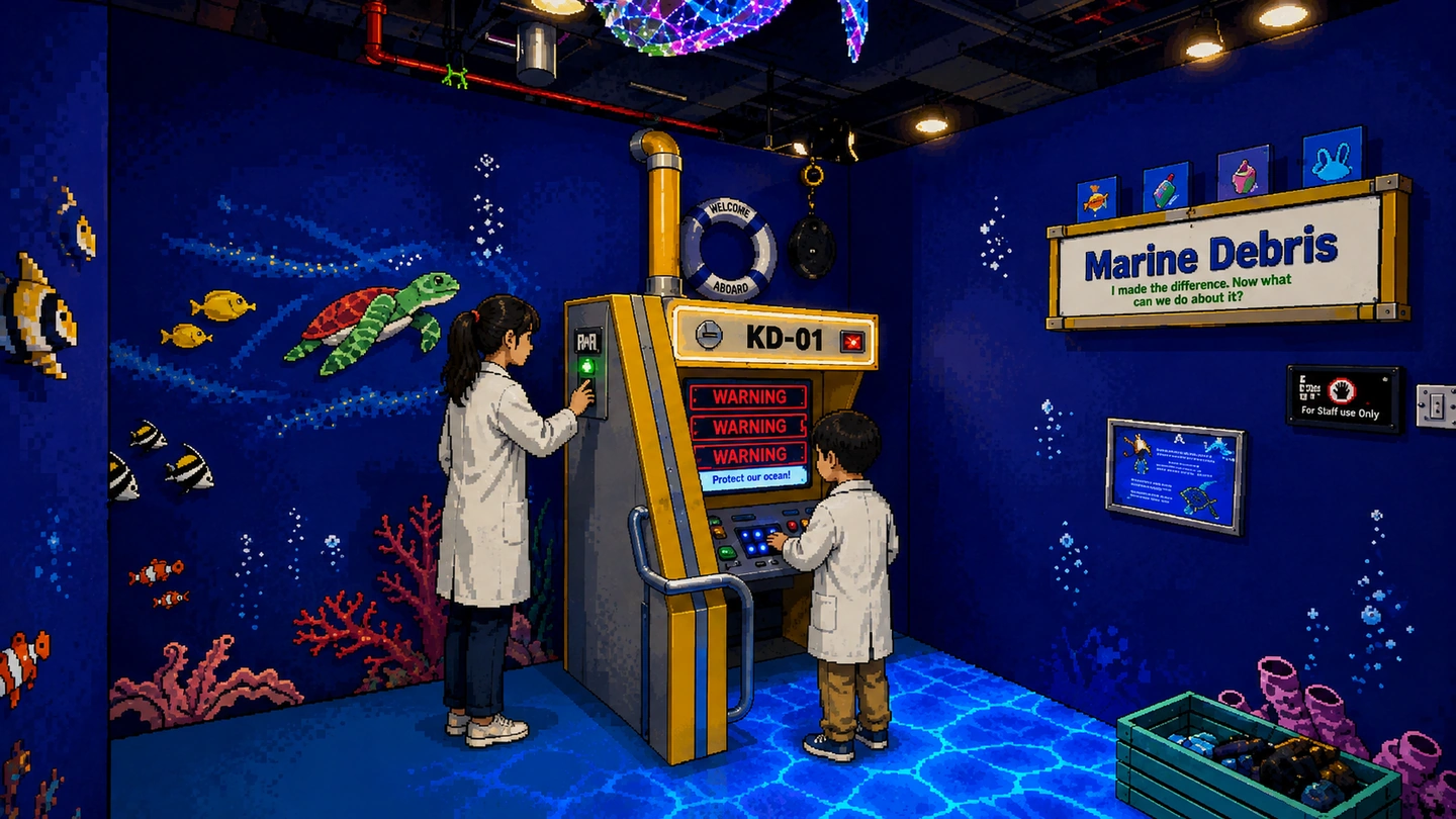Pixel-art illustration of two children in lab coats working a control panel in the ocean-themed Marine Debris room at Kids In The Room, Marina Square.