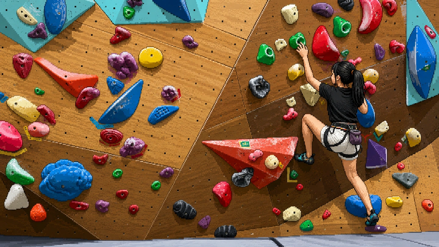Pixel-art illustration of a climber in a chalk bag reaching for a green hold high on an overhanging plywood bouldering wall studded with colourful holds and volumes.