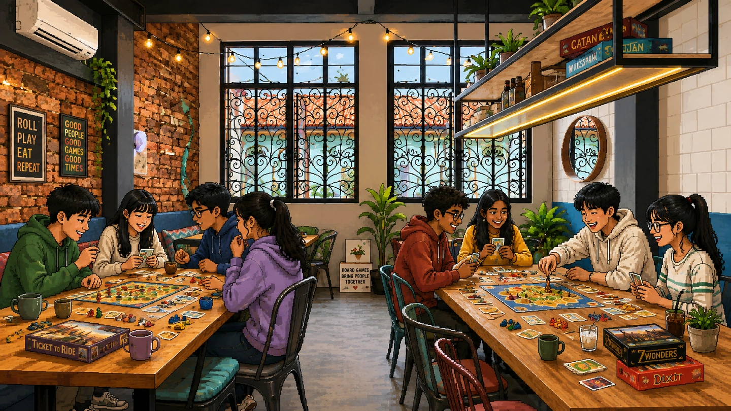 Pixel-art illustration of two groups playing board games at long shared tables in a brick-walled cafe, drinks beside the boards and tall grilled windows letting in daylight.
