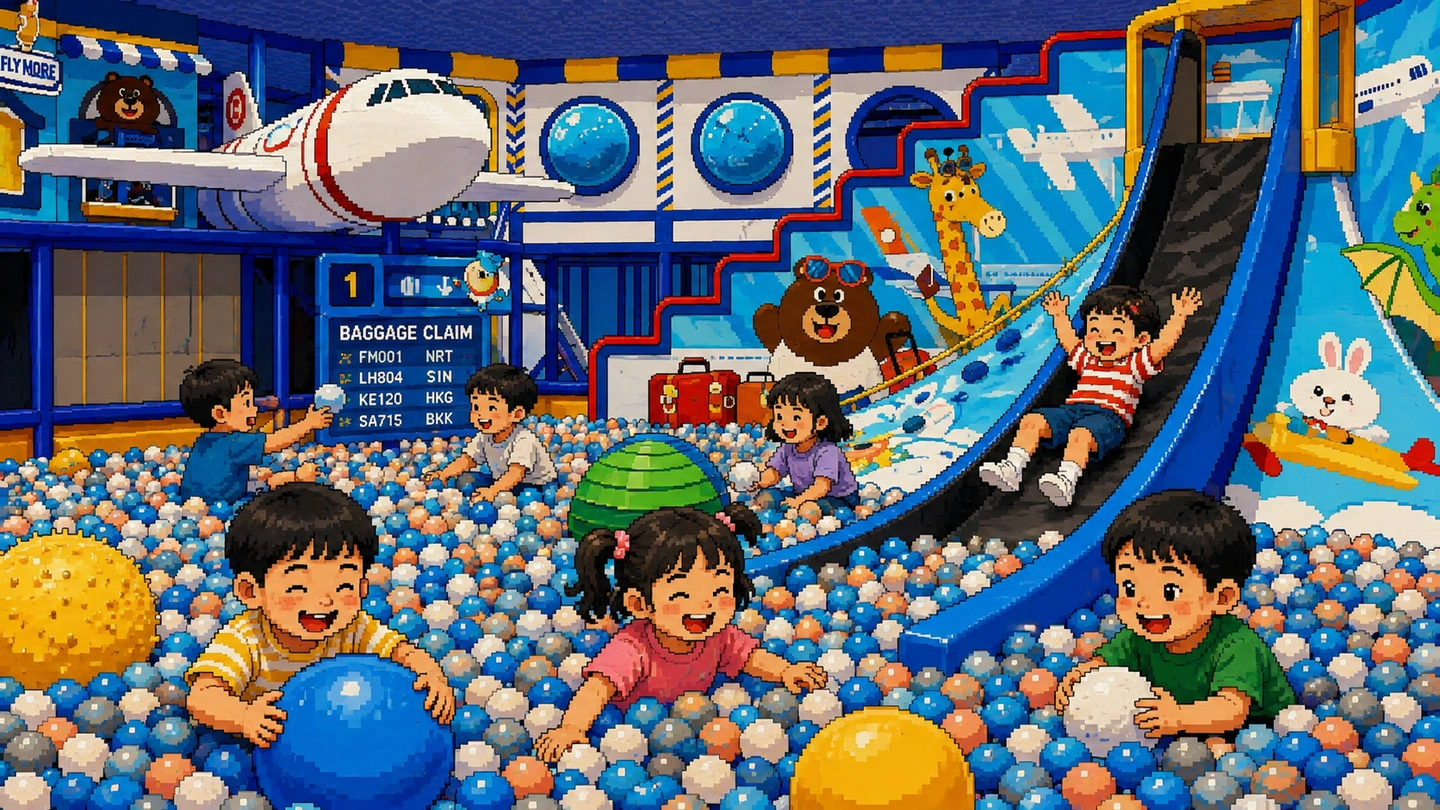 Pixel-art illustration of the airport-themed ball pit at Kiztopia Club in Jewel Changi, children playing among the balls while another comes down the slide, a baggage claim board and a play aeroplane behind.