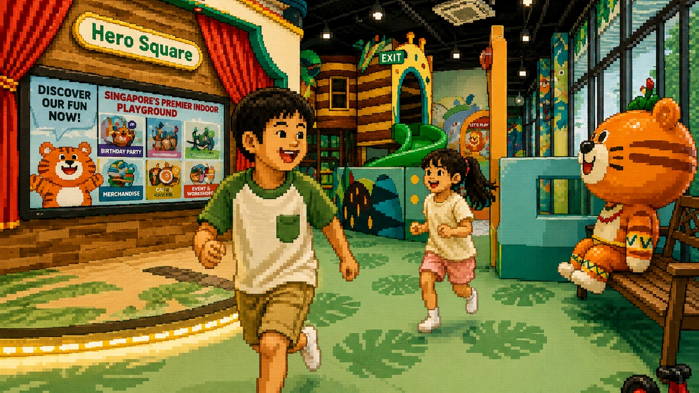 Pixel-art illustration of two children running across the play floor at Kiztopia Club Punggol, past the Hero Square sign and the tiger mascot.