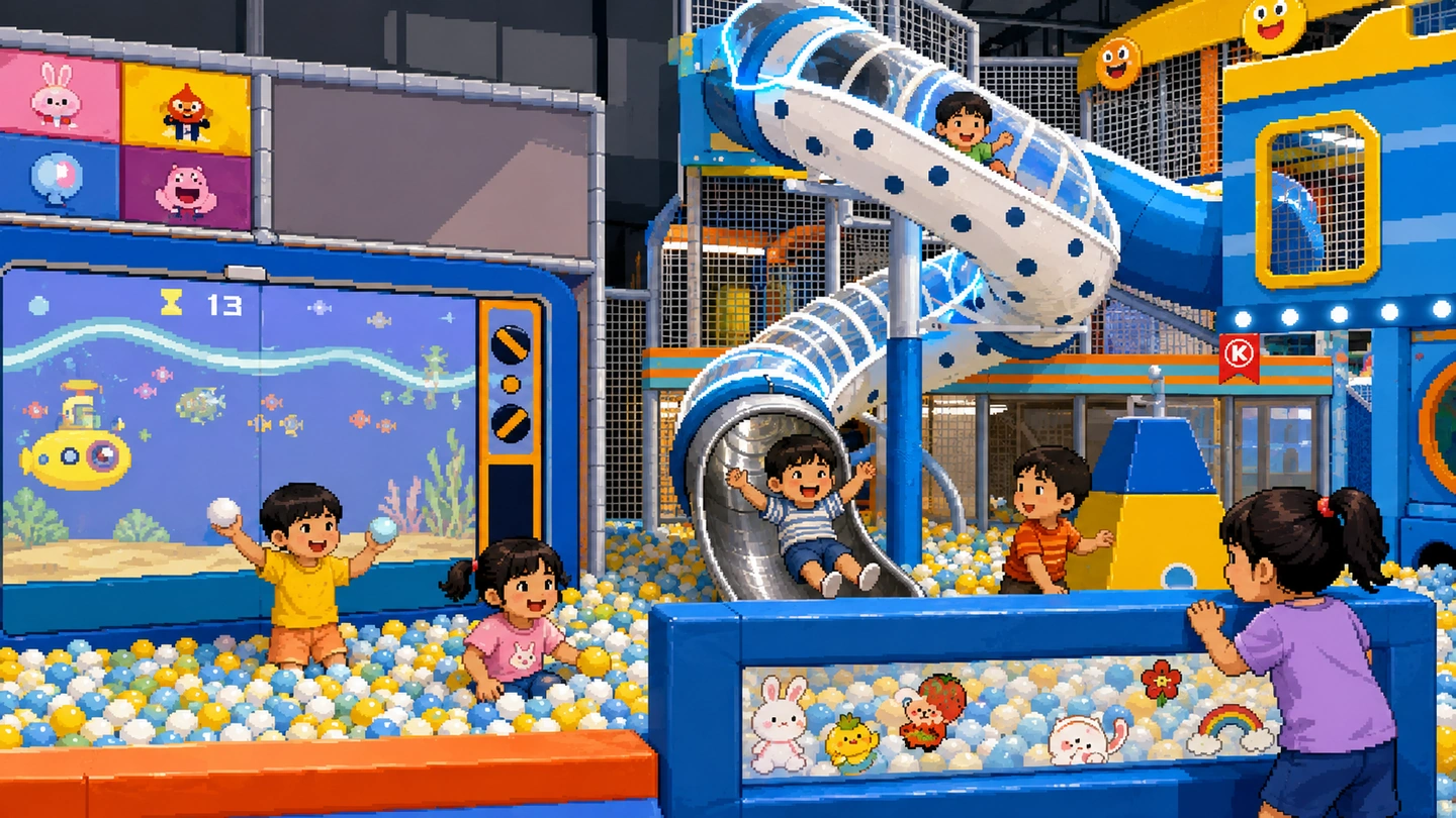 Pixel-art illustration of young children in a ball pit at Kiztopia Club, one riding the clear tube slide down into the balls and an interactive projection game lighting the wall behind.