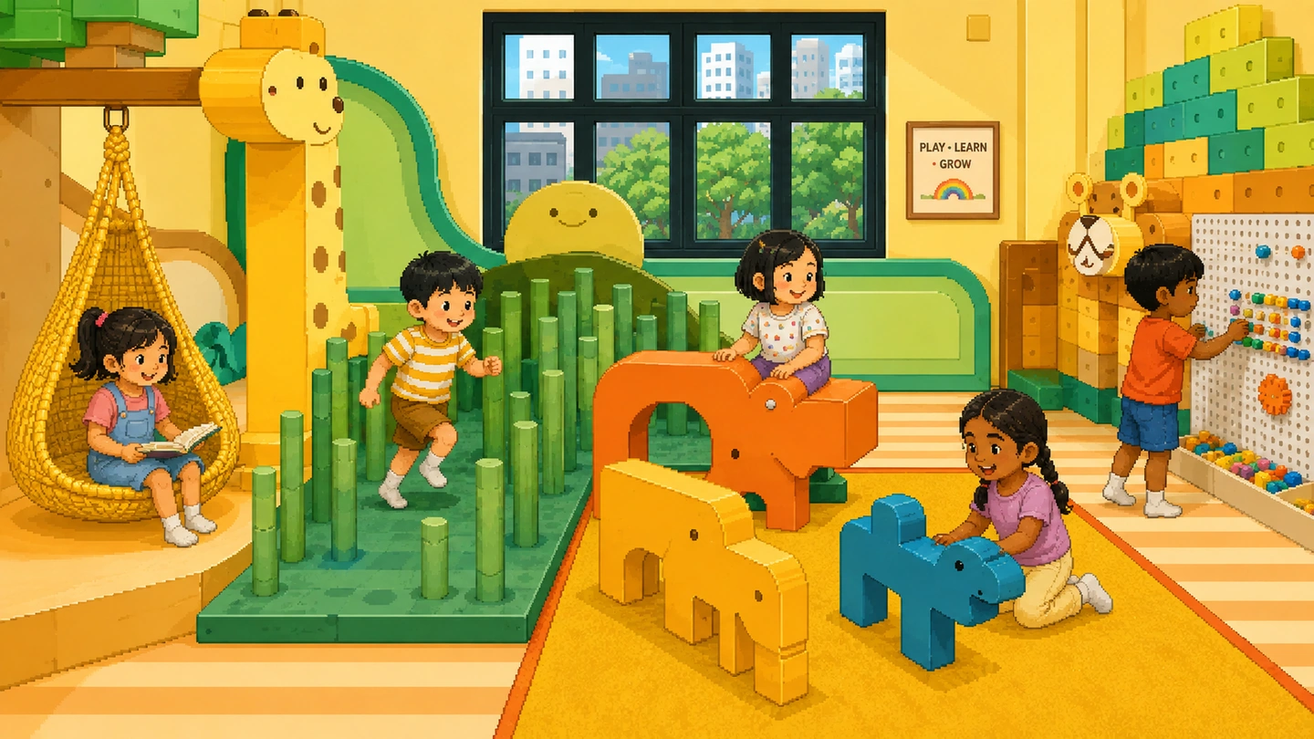 Illustration of the playroom at Kiztopia Prestige, toddlers climbing wooden animal blocks and stepping stones, one reading in a hanging chair and another at a pegboard wall.
