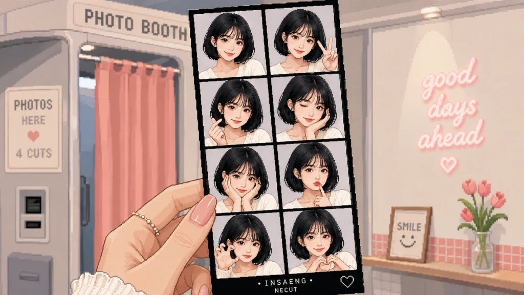 Pixel-art illustration of a hand holding an eight-frame photo strip labelled insaeng necut outside a photo booth, a neon sign reading good days ahead behind.