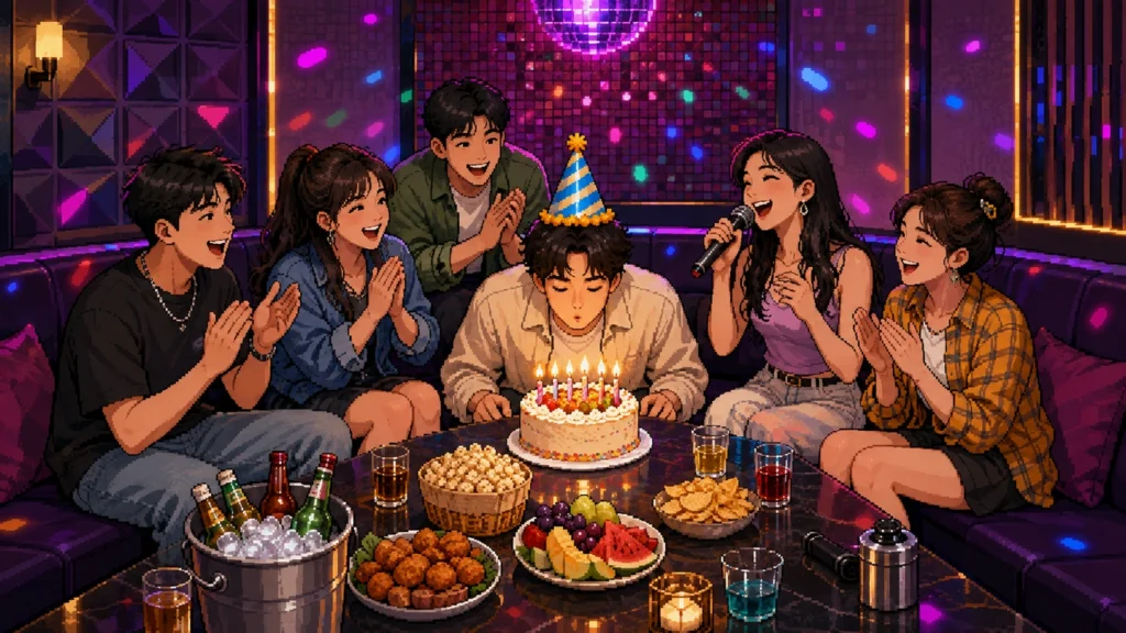 Pixel-art illustration of six friends in a neon karaoke room cheering as one blows out candles on a birthday cake, snacks and drinks across the table.