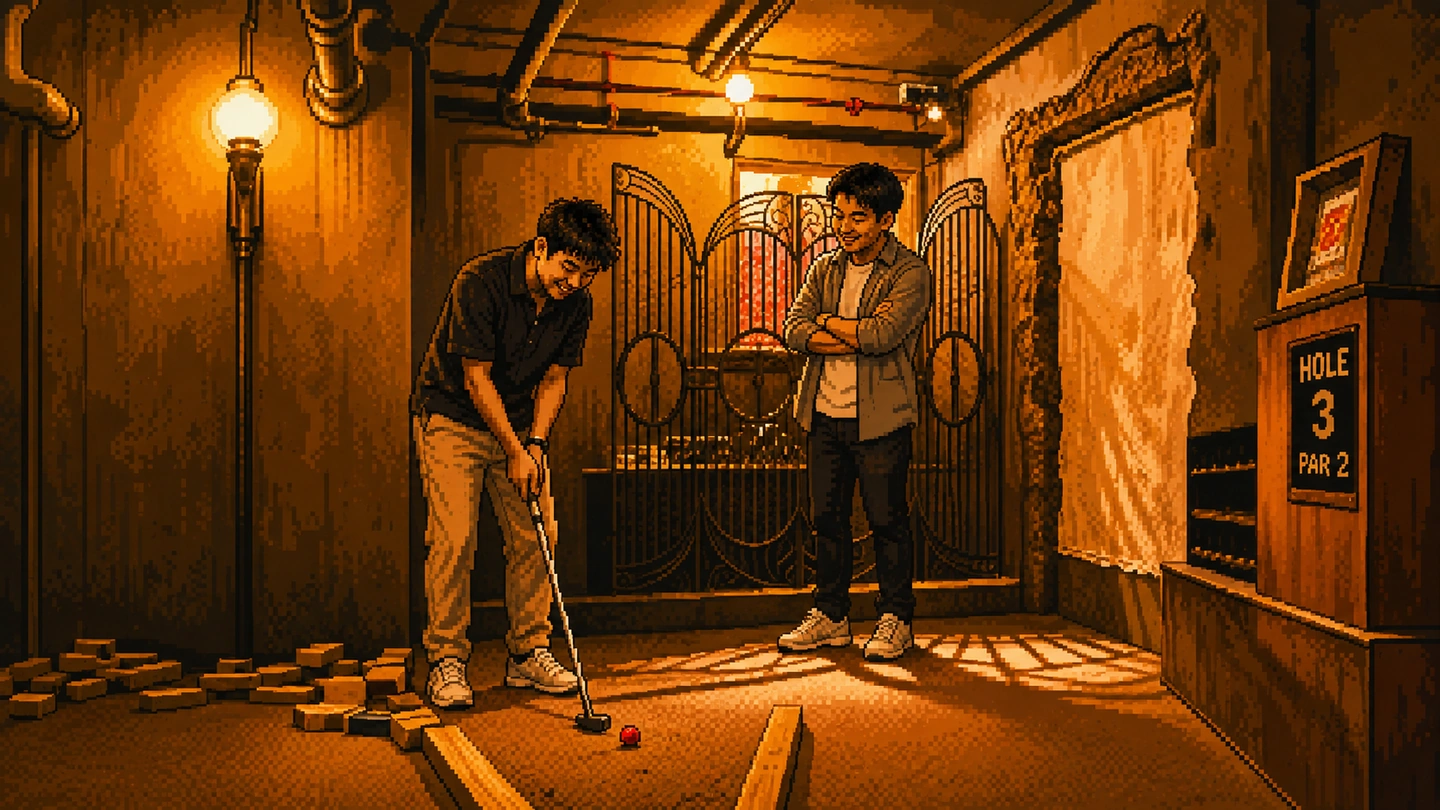 Pixel-art illustration of two players at Kulnari Mystery Golf, one putting along a dimly lit themed hole while the other watches, a Hole 3 Par 2 sign beside them.