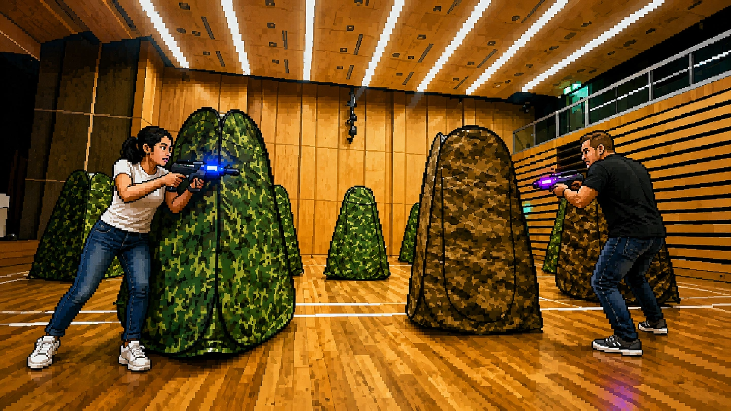 Pixel-art illustration of a Lasertech-X game in progress, two players aiming laser tag blasters at each other from behind camouflage inflatable bunkers on a sports hall floor.