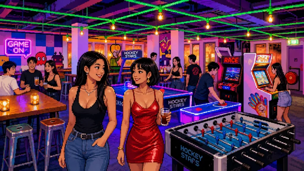 Pixel-art illustration of two friends walking through Level Up at Clarke Quay, past the foosball and air hockey tables, with the bar, arcade cabinets and a neon GAME ON sign behind them.