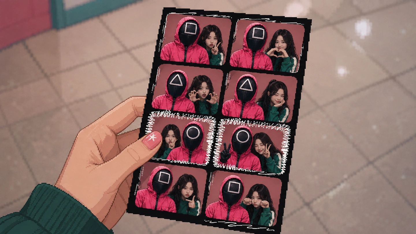 Pixel-art illustration of a hand holding up an eight-frame LIFE4CUTS photo strip just printed, each frame showing a pair posing in costume against a red backdrop.