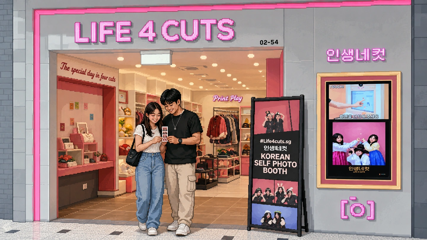Pixel-art illustration of a couple standing outside the LIFE4CUTS shopfront looking at the photo strip they have just printed, props and costumes on the shelves inside.