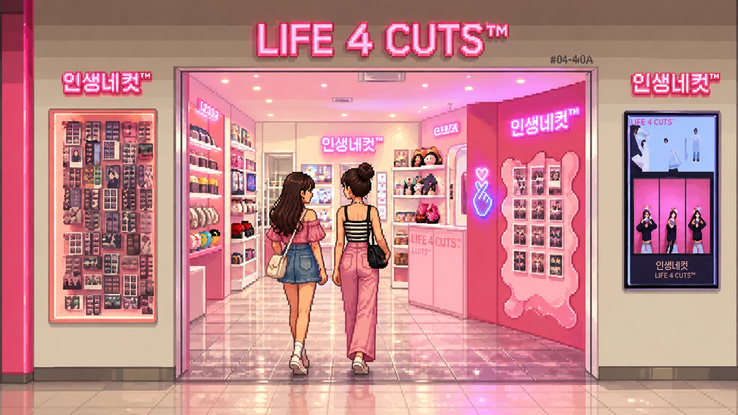 Pixel-art illustration of two friends walking into the pink LIFE4CUTS shopfront, walls of sample photo strips either side of the entrance under the lit sign.