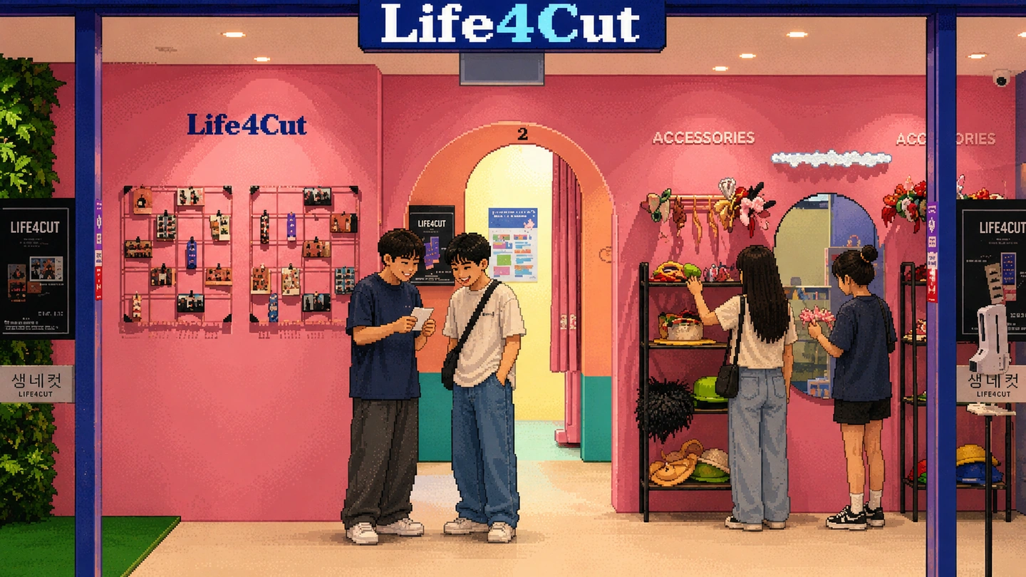 Pixel-art illustration of the pink LIFE4CUTS shopfront, two friends comparing a fresh photo strip beside a display wall while two more browse the accessories and props rack.