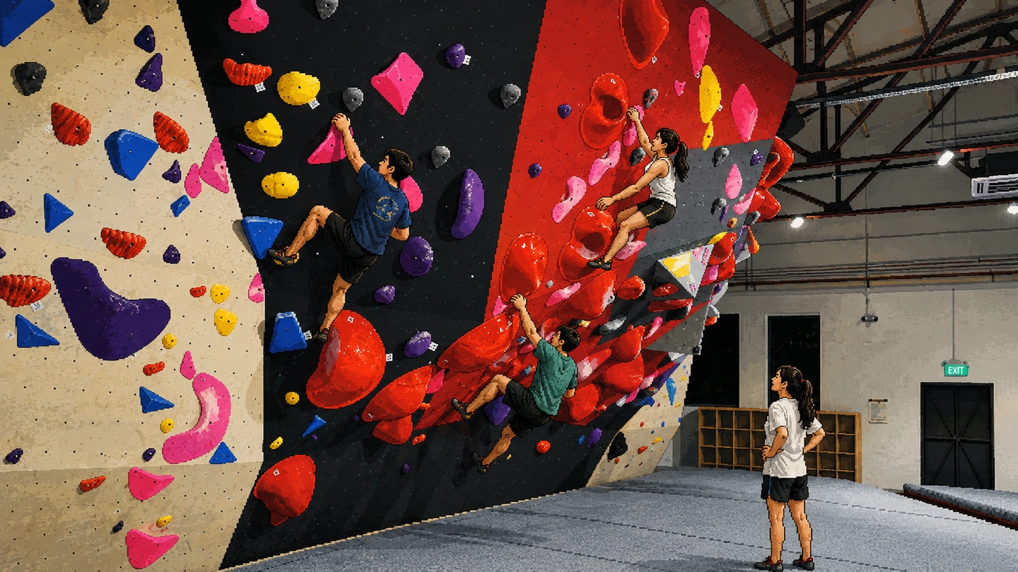 Pixel-art illustration of three climbers working routes on the overhanging bouldering walls at Lighthouse Climbing, a fourth watching from the mats below.