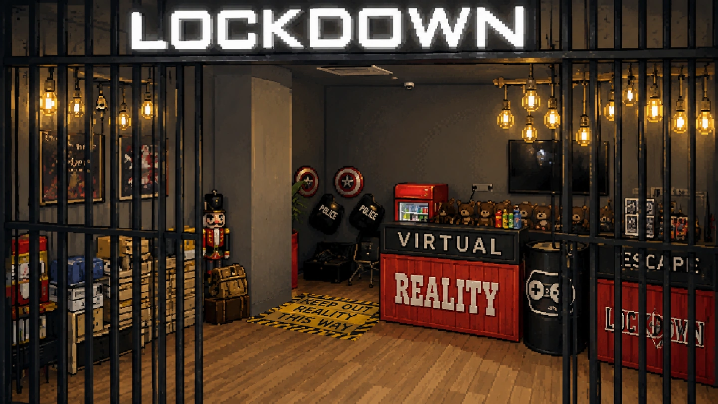 Pixel-art illustration of the Lockdown Escape shopfront seen through black prison bars, the lit LOCKDOWN sign above a red Virtual Reality counter lined with soft toys and drinks, and a floor sign reading "Keep out, reality this way".