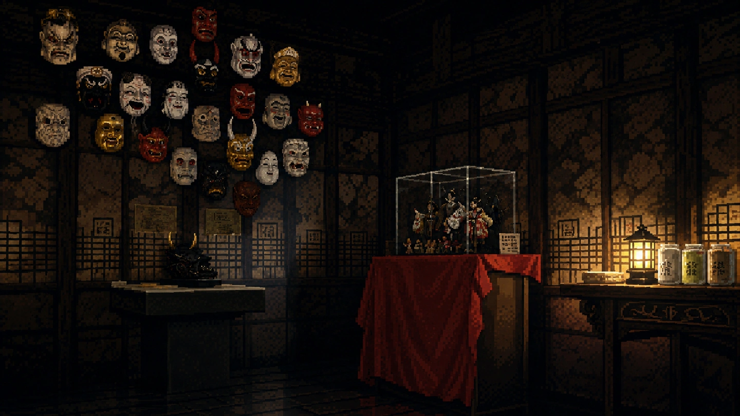 Pixel-art illustration of a dim escape room at LOST SG, a wall of carved theatre masks above lantern-lit display cases and a red-draped table.