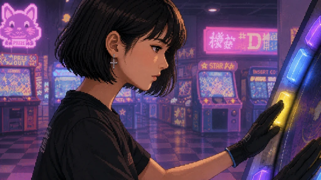 Pixel-art illustration of a player in a black t-shirt and black gloves, seen in profile with one hand on a lit arcade cabinet screen, a purple-lit floor of claw machines and neon prize signs behind her.
