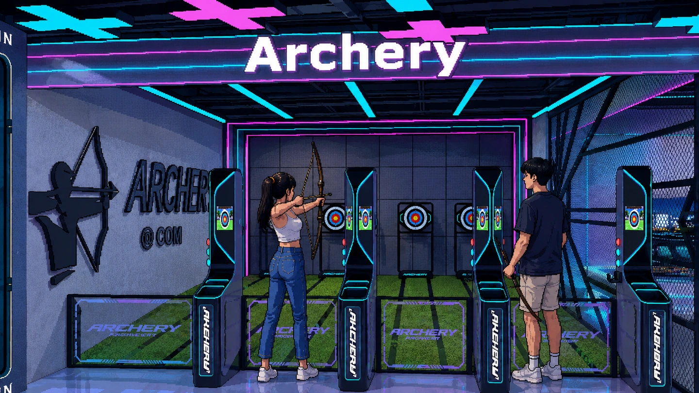Pixel-art illustration of two people shooting bows at the digital archery lanes, neon-lit booths and screens facing a row of targets under an Archery sign.