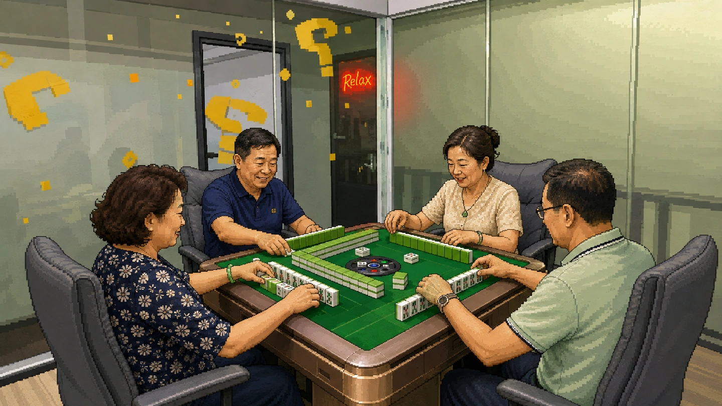 Pixel-art illustration of four players mid-game around an automatic mahjong table in a private room, tiles stacked in walls in front of each seat and a lit sign beyond the glass partition.