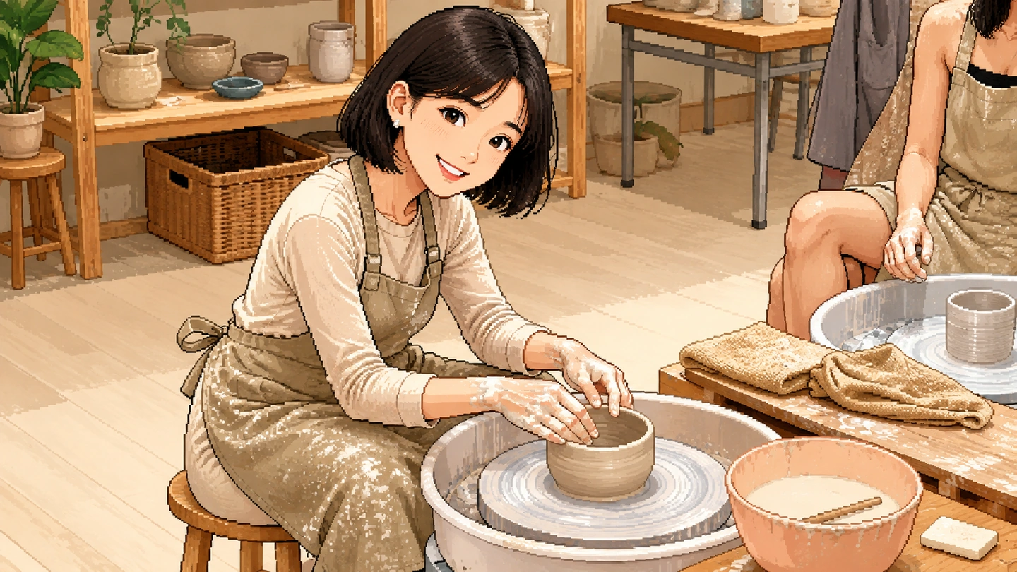 Pixel-art illustration of a woman in a clay-streaked apron shaping a bowl on a pottery wheel in a bright studio, finished pots on shelves behind her and a second wheel in use alongside.