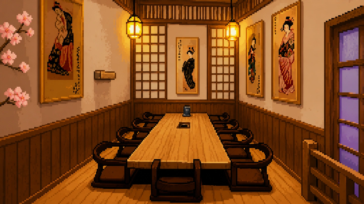 Pixel-art illustration of a private room at Mirror Jing Serangoon, a long low table with floor seating beneath paper lanterns and framed woodblock prints.