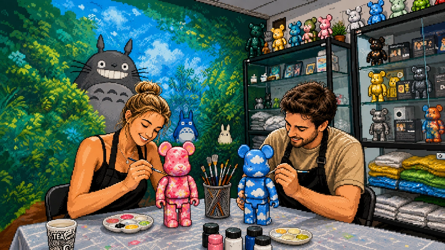 Pixel-art illustration of two people painting collectible figures at Mochiart Art Studio Geylang, paint palettes on the table and shelves of finished figures behind them.